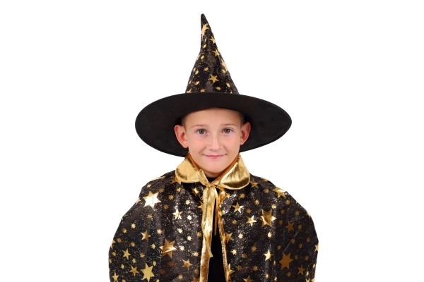 Troldmandshat + kappe til børn diameter 38cm sort-guld i pose karneval