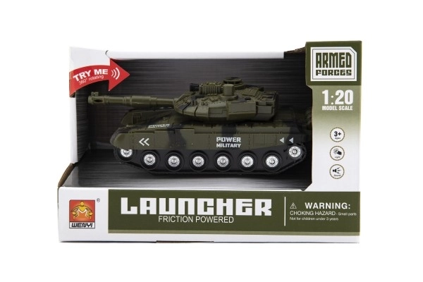 Tank plast 20cm på svinghjul på batterier med lys og lyd i kassen 24x16x11cm