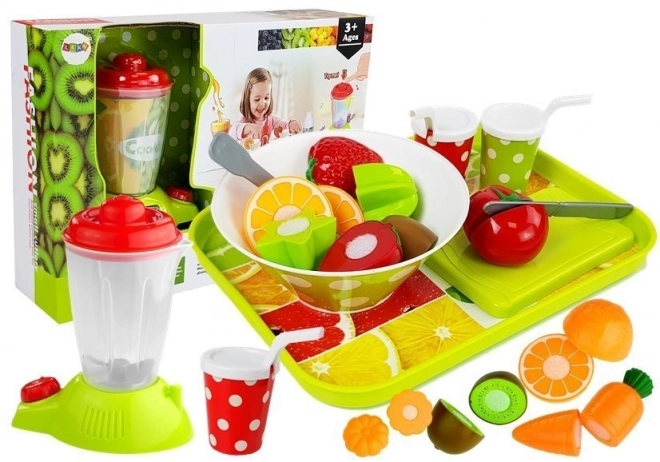 Børnesæt med frugt og grøntsager med mixer og bakke