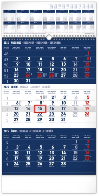 NOTIQUE Vægkalender 3-måneders standard blå – med årsoversigt 2025, 29,5 x 43 cm