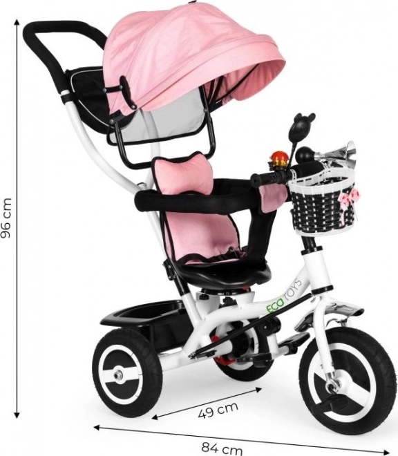 ECOTOYS Trecykel med Tag og Styrestang Lyserød
