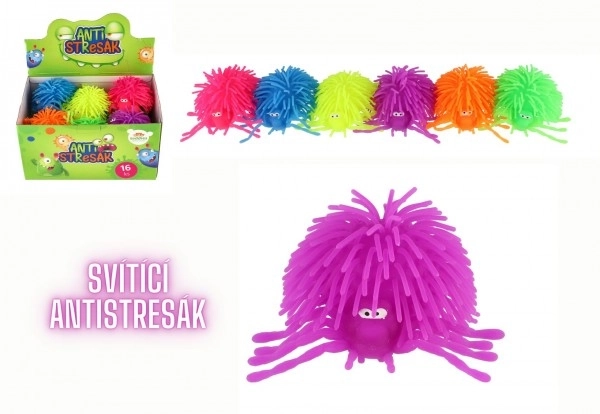 Antistress edderkop bold silikone 10 cm med lys 6 farver i pose 16 stk i boks
