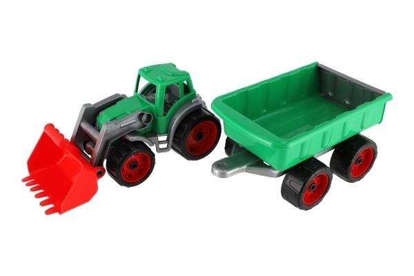 Traktor/lastmaskine/graver med trailer i liggende plast til fri kørsel 2 farver i net 16x61x16cm