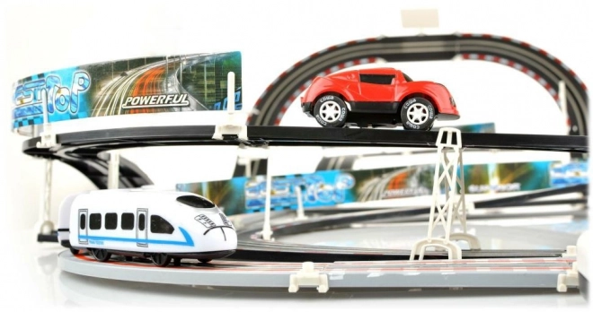 Elektrisk jernbane Racetrack 2-i-1 for børn 6+ med fjernbetjening + lokomotiver + vogne + biler
