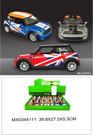 Metalmodel af bil Mini Cooper med åbne døre og pull-back-funktion
