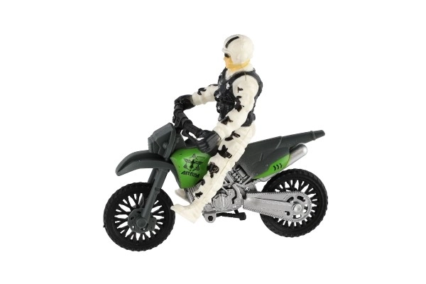 Militært sæt plastik motorcykel, soldat, hund med tilbehør i kasse 23x14x4cm