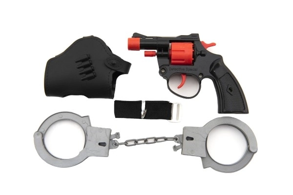 Kapselpistol 8 skud plast 13cm med hylster med håndjern på kort