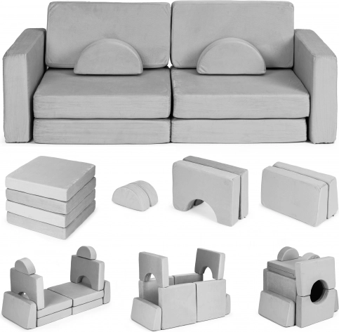 stor modulær foldbar børnesofa 2-personers med 10 bløde puder – grå ecotoys