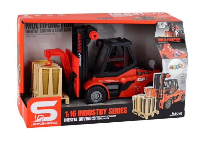 Rød gaffeltruck 1:16 med bevægelige gafler, lyde og lys