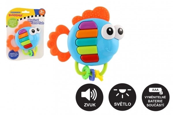 Rangle/tyggelegetøj fiskeklapper plast 14x14cm med batteri, med lyd og lys på kort 3m+
