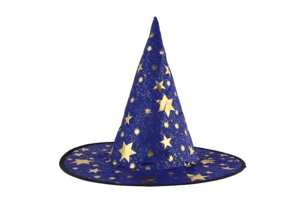 Heksehat til børn, diameter 38cm blå-guldfarvet i pose til karneval