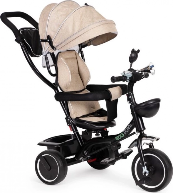 ECOTOYS Trecykel med tag og styrestang beige