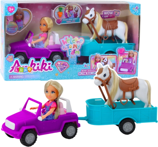 Dukke med cabriolet og hestetrailer
