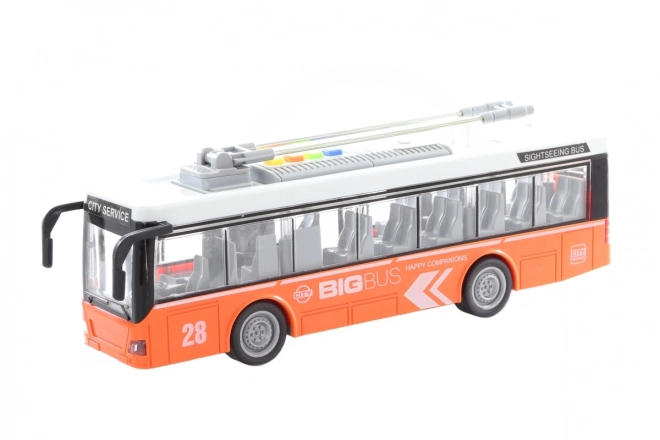 Orange batteridrevet legende og lysende trolleybus