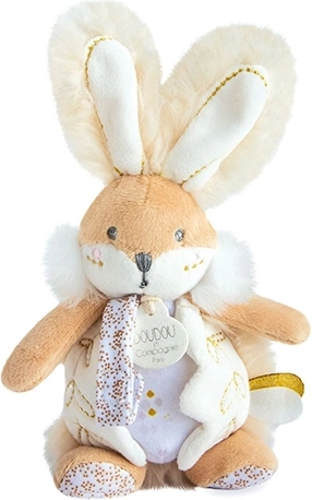 Doudou plysbamse kanin med rangle og sutteholder 21 cm, hvid