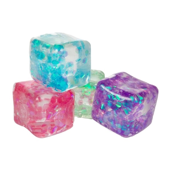 Anti-stress kube klem-slim 6x6 cm 4 farver i pose 12 stk i boks