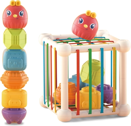 woopie baby elastisk sensorisk terning og sorter til børn med dyr + rangle, 7 dele