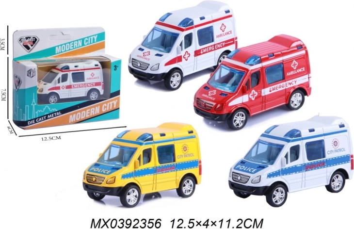 Metalmodel af politibil og ambulance med pull-back motor
