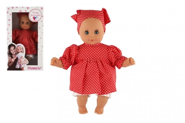 Dukke/Baby Hamiro 30cm, stofkrop kjole rød + hvid prik + tørklæde i boks 20x35x13cm