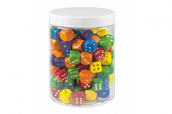 Spilleterninger farvet træ selskabsspil 16mm 150 stk i plastdåse 10x14cm