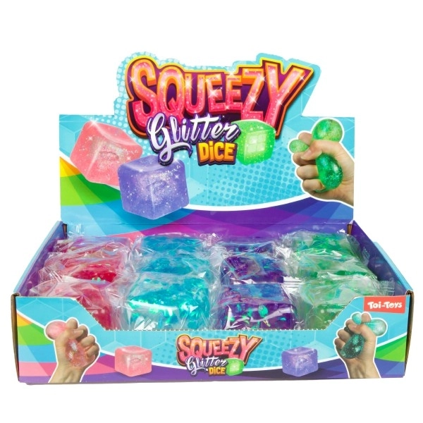 Anti-stress kube klem-slim 6x6 cm 4 farver i pose 12 stk i boks