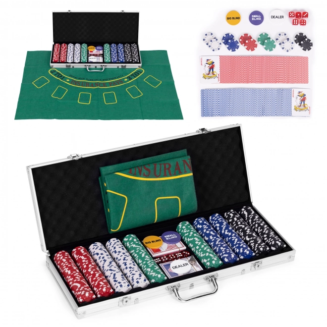 Poker- og Blackjack-sæt – 500 jetoner, 2 kortspil, terninger, spilleunderlag, låsbar kuffert