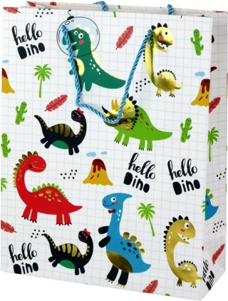 Papirgavepose med dinosaurer, hvid tern, 32 × 26 × 10 cm