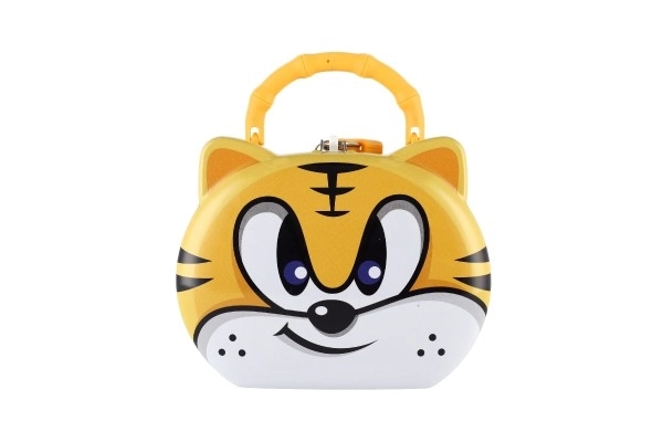 Sparebøsse kat/killing metal med lås 14x12cm 3 farver i plastikæske