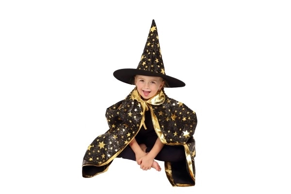 Troldmandshat + kappe til børn diameter 38cm sort-guld i pose karneval