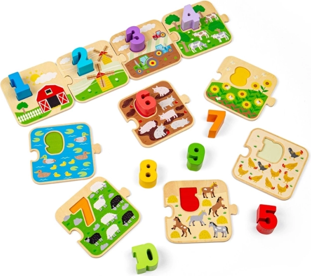 BIGJIGS TOYS træpuslespil med billeder og tal 1–10 (livet på gården)