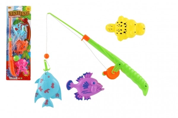 Fiskespil/fisker magnetisk plastik 3 stk.+stang plastik 34cm mix farver på kort