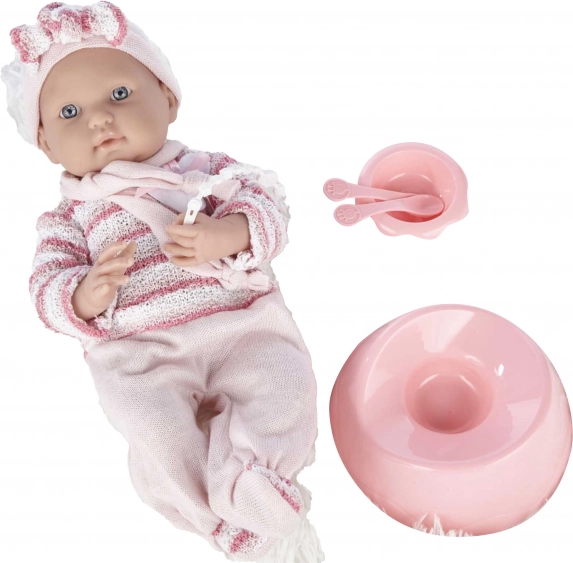 Babydukke i lyserød sparkedragt 40 cm med tilbehør