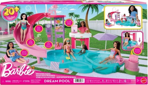 barbie drømmebassin – legesæt med rutsjebane, boblebad og snackbar