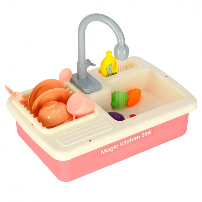 Børne køkkenvask med ægte vand og pink tilbehør
