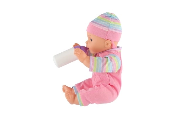 Dukke baby 30cm plast i bæreslynge/autostol med flaske i blister