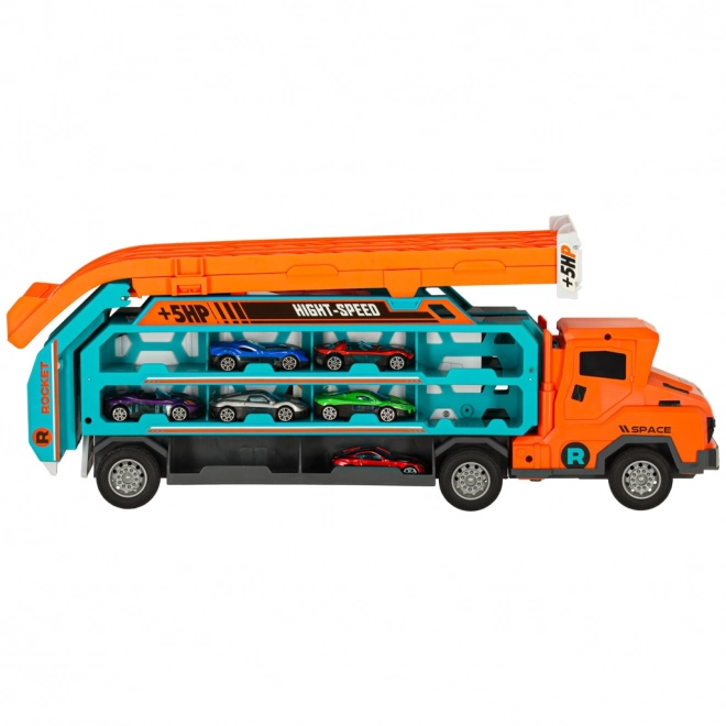 Racerbane med tovogn og transporter 6 dele - orange