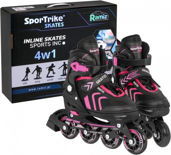 Sæt 4-i-1 børnerulleskøjter: inline, trekhjul og is, størrelse 29–33 – Rosa
