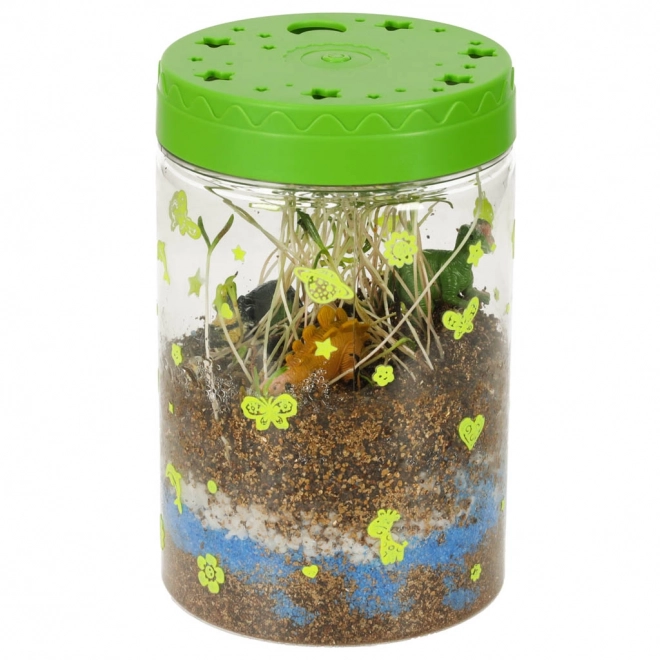 Terrarium til plantning med LED-lampe og dinosaurer