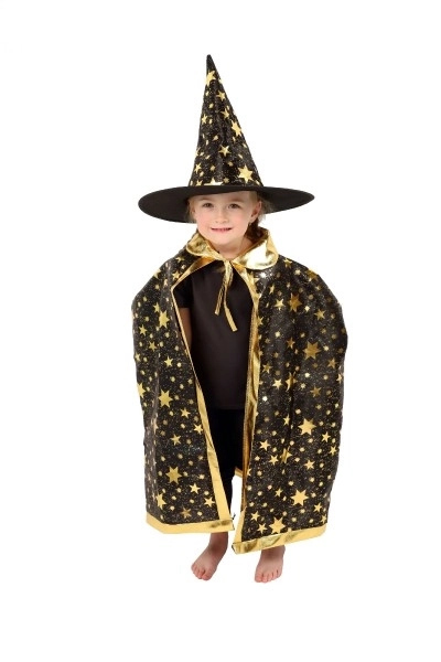 Troldmandshat + kappe til børn diameter 38cm sort-guld i pose karneval
