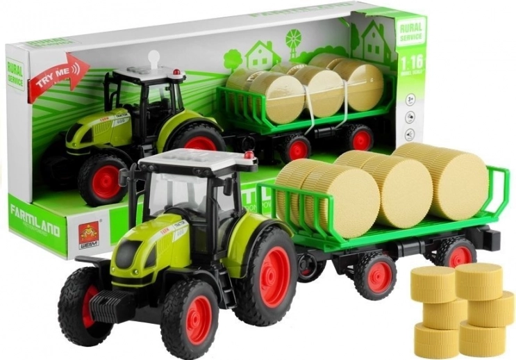 Grøn traktor med trailer og høballer med lys og lyde 37,5 cm