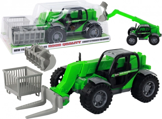 Grøn traktor med udskydelig arm og udskiftelige redskaber