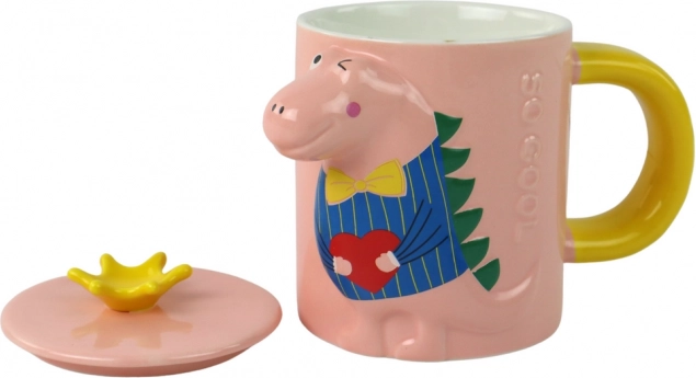 Keramikkrus med låg og ske med dinosaurusmotiv lyserød 400 ml