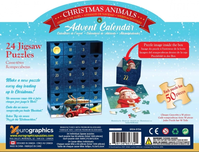 Adventskalender med puslespil Eurographics 24 x 50 stykker – Julemotiver af dyr