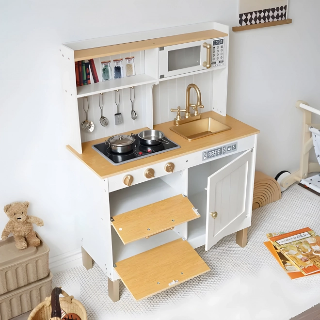 Trækøkken til børn med lyde og LED-dioder, stor, med åbne skabe og 7 tilbehør, ECOTOYS