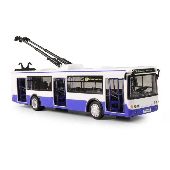 Trolleybus der annoncerer stoppesteder på tjekkisk 28 cm blå