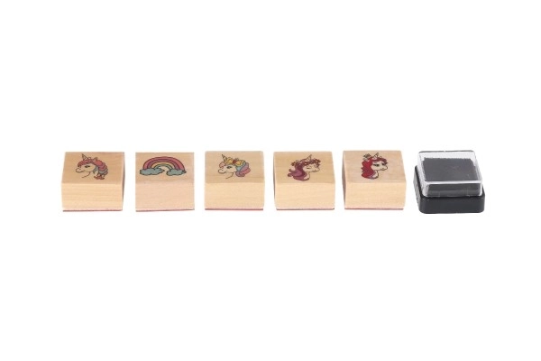 Træstempler 5+1 med pude enhjørninger 3x3cm på kort