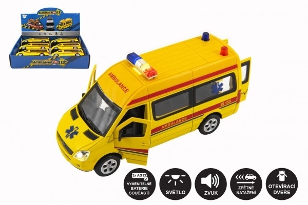 Auto ambulance metal/plast 15cm med batteri, med lys og lyd på tilbagespoling 6stk i boks