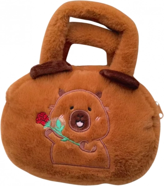 Plys taske med kapivar og rose i brun 20 cm
