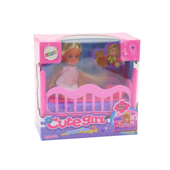 Sæt med mini dukke i pyjamas pink seng