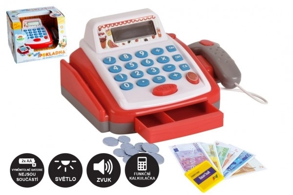 Lille digital plastik kasseapparat 18cm med tilbehør på batterier med lyd og lys i kassen 22x15x18cm